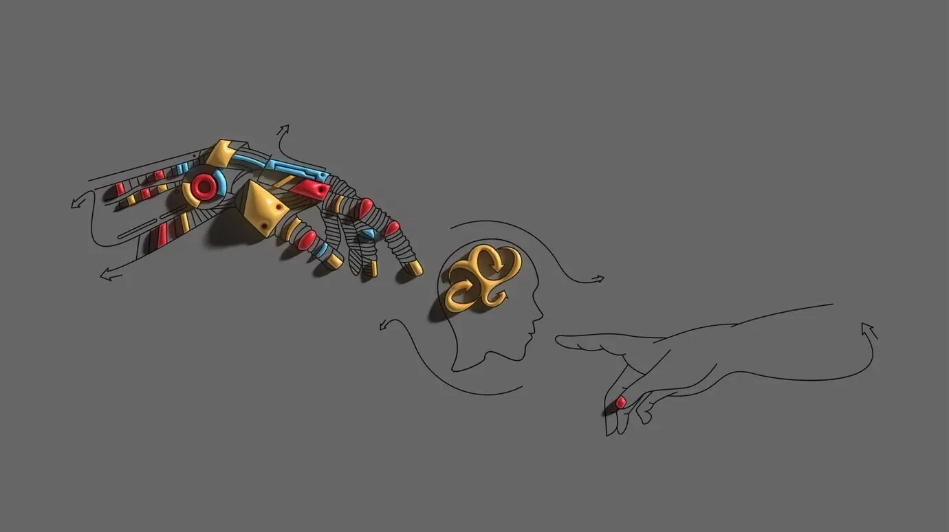 Руки робота и человека соприкасаются пальцами; концепция виртуальной реальности или технологий искусственного интеллекта.